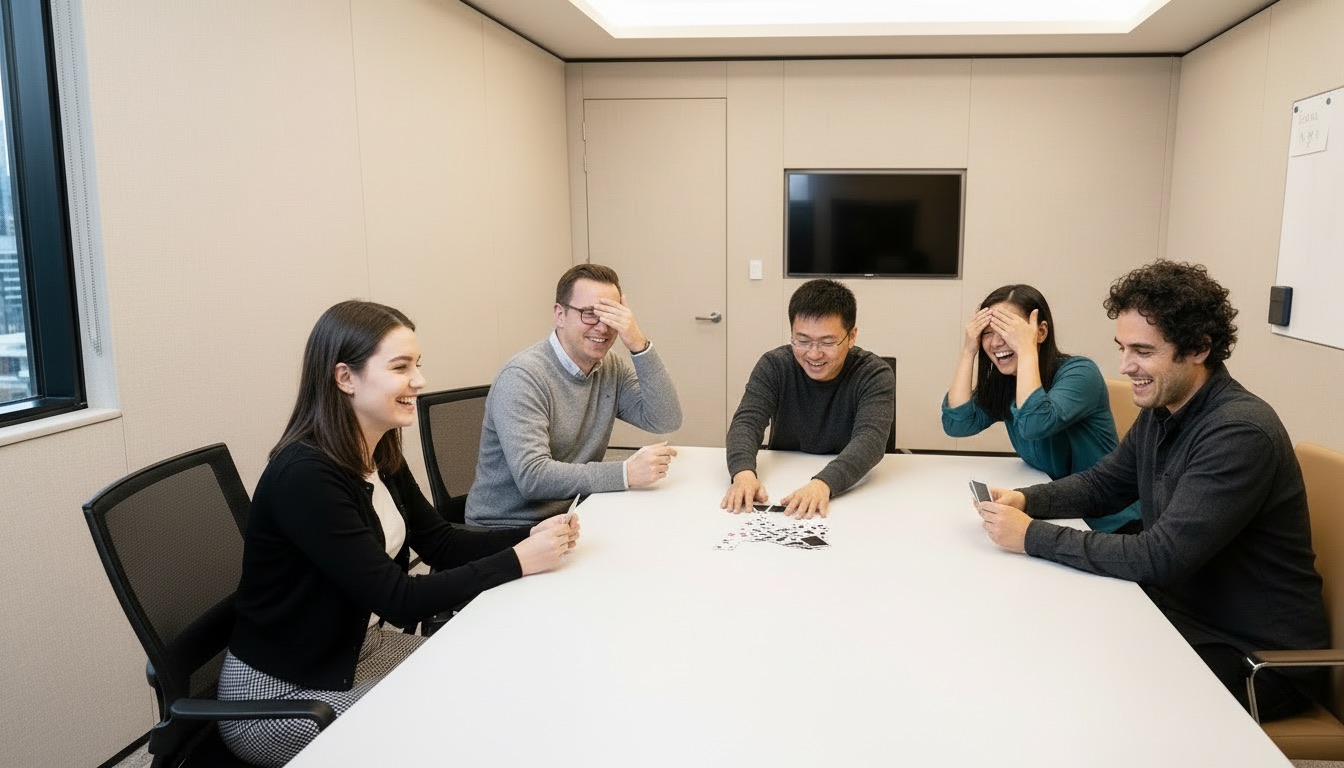 Five colleagues around a boardroom table mid-game, cards in hand, laughing.